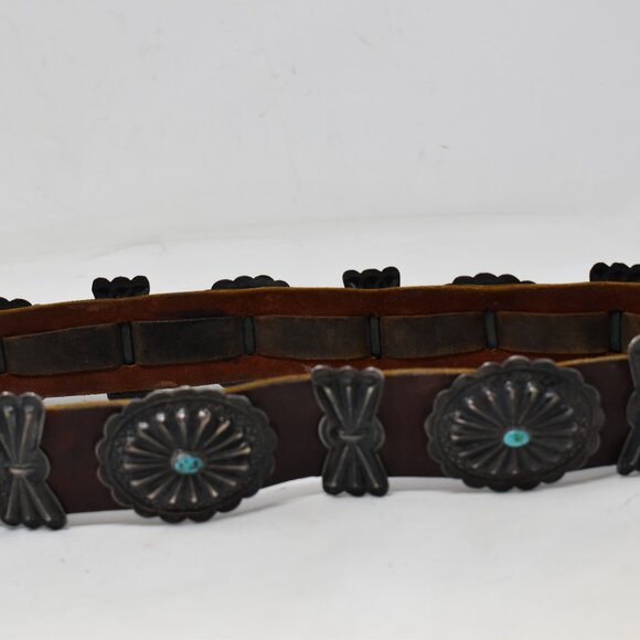 VINTAGE NAVAJO OLD PAWN 1ST PHASE COIN SILVER NAT TURQUOISE CONCHO BELT 1930-50 - Picture 14 of 15